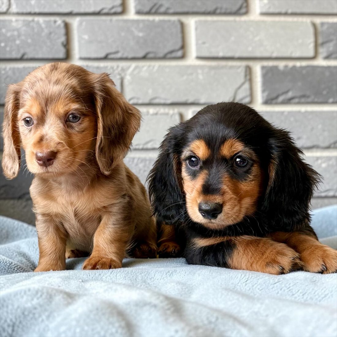 Two dachshund puppies, chocolate dapple and black and tan