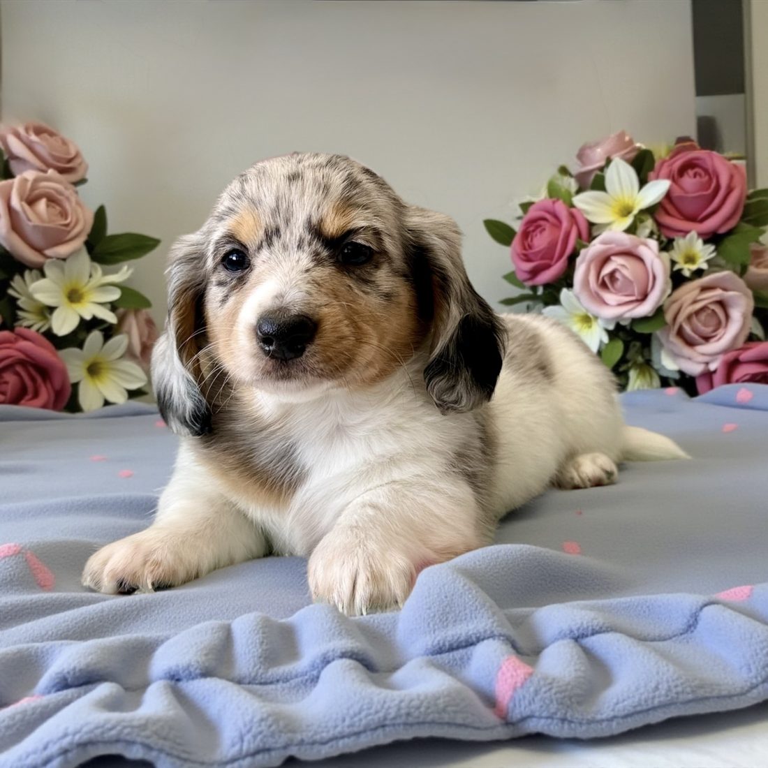 Silver dapple dachshund puppy surrounded by roses